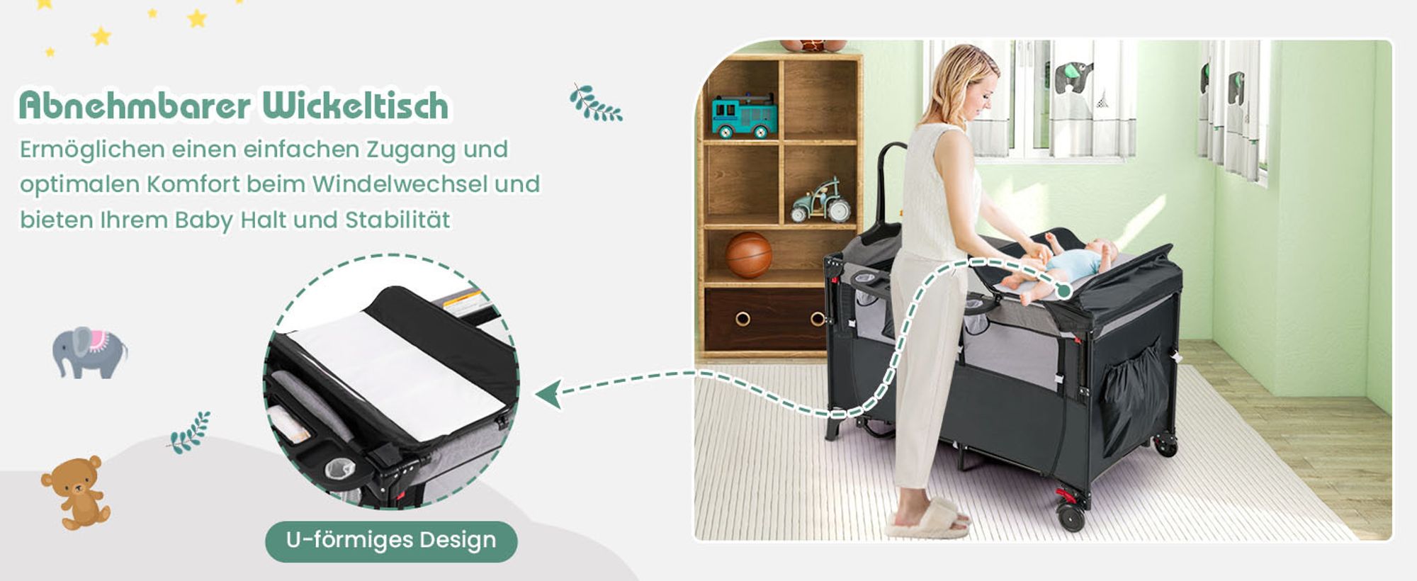 5 in 1 Reisebett mit Matratze 120 x 60cm, Höhenverstellbar Beistellbett mit Wickeltisch, Spieluhr & Spielzeug, Laufstall | Babybett | Babyschaukel für Baby ab Geburt (Grau)