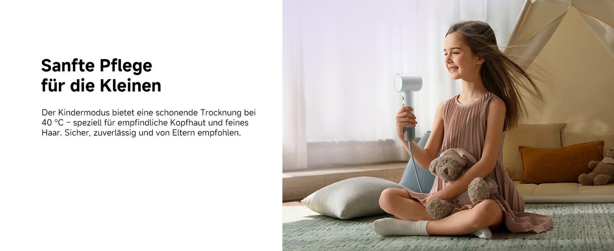 Dreame Mini Haartrockner, Temperaturregelung in 5 Stufen, Kindermodus 40°C, negative Ionisierung, 1200W, schnelle Trocknung 70m/s, 73dB, 270g, weiß