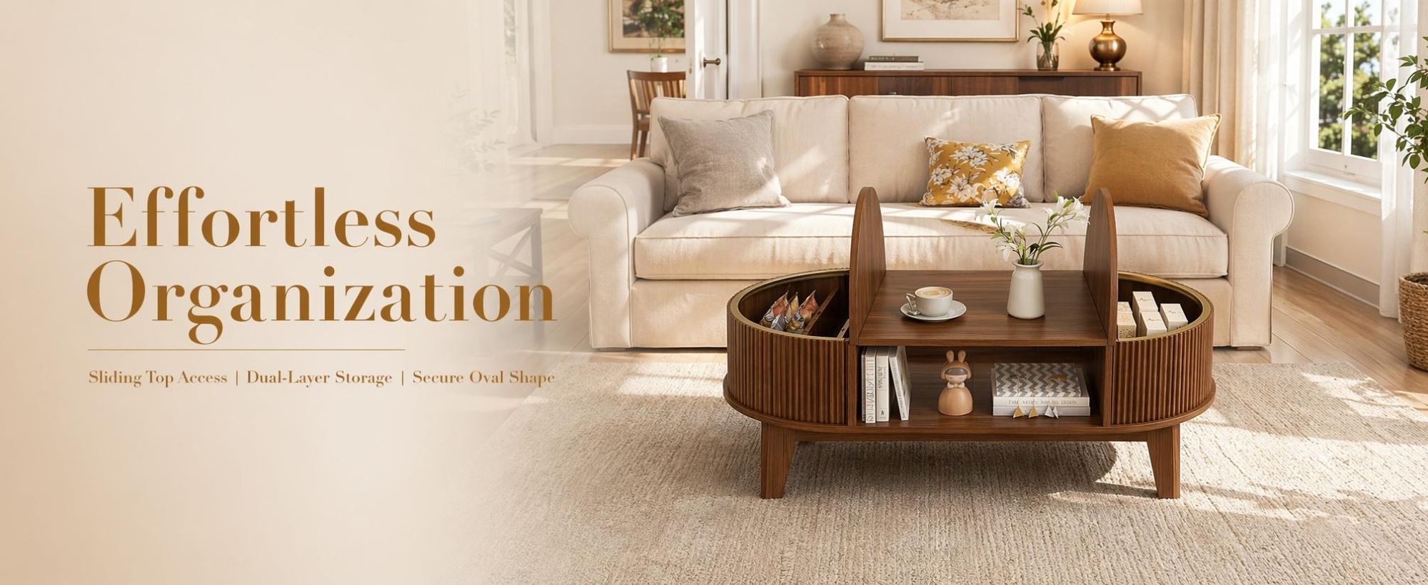INONEFT Couchtisch mit verstecktem Stauraum, beistelltisch,wohnzimmertisch,Sofatisch mit MDF & Holzbeine, Walnuss