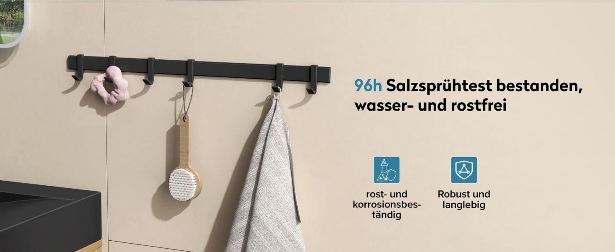 doporro Garderobenhaken Aluminium, 6 Verschiebbare Wandhaken, selbstklebend & stabil, Kleiderhaken Wand für Jacken und Handtücher Matt Schwarz Stalo-12
