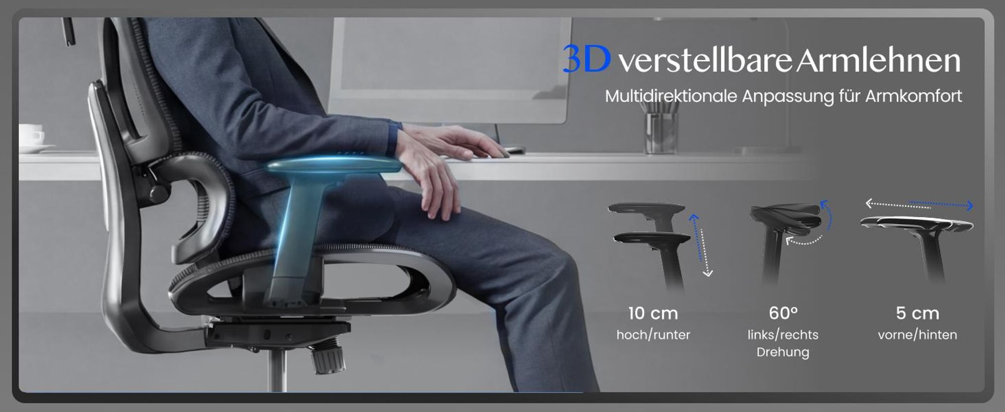 FLEXISPOT ErgoX Ergonomischer Bürostuhl Schreibtischstuhl 3D-Armlehnen&Kopfstütze 5D-verstellbare Rückenlehne Tragfähigkeit von 136 kg Grau
