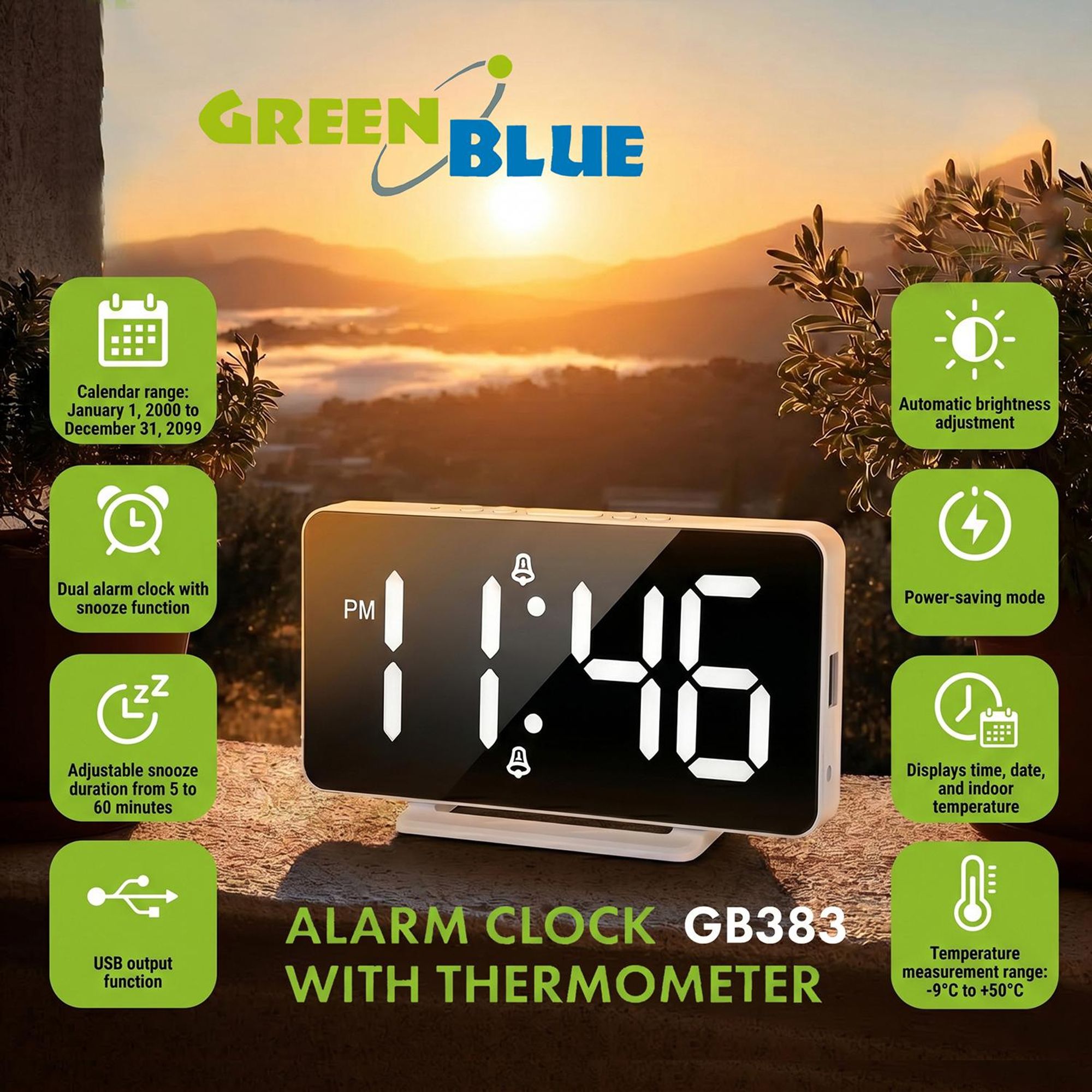 GreenBlue Uhr GB383 (Wecker Elektronisch LED Digital Thermometer)