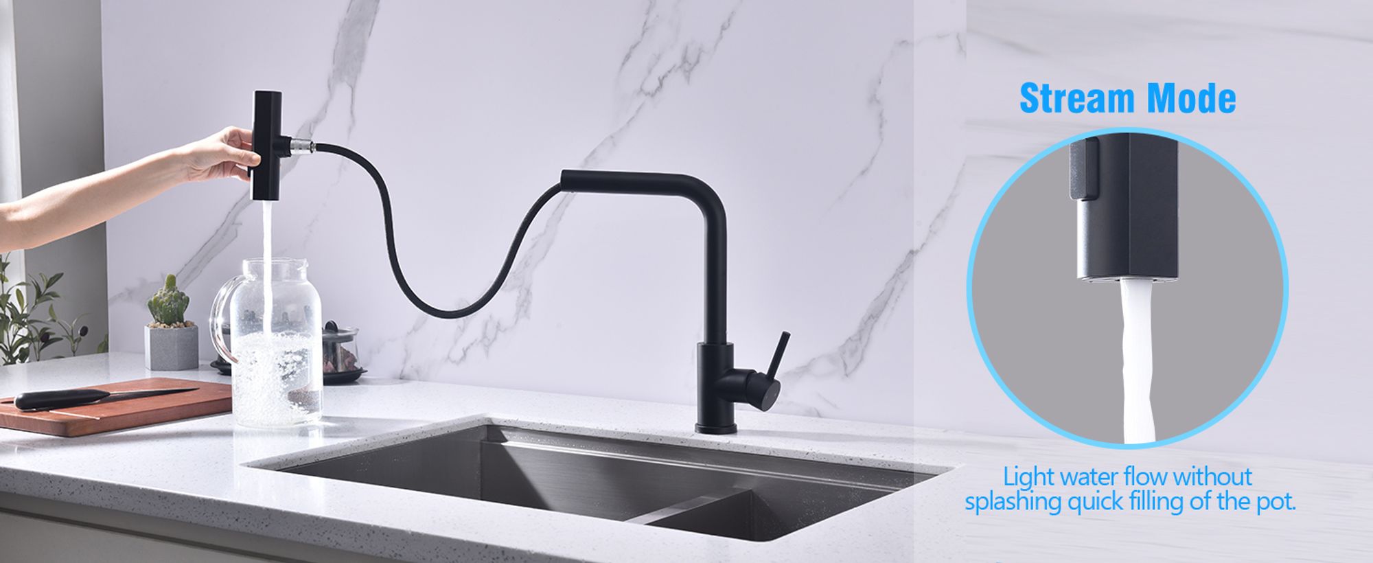 HOMELIVE Küchenarmatur Schwarz – 360° Schwenkbarer Wasserhahn Küche, Ausziehbare Spültischarmatur mit Brause, 3 Strahlarten für Flexibles Arbeiten