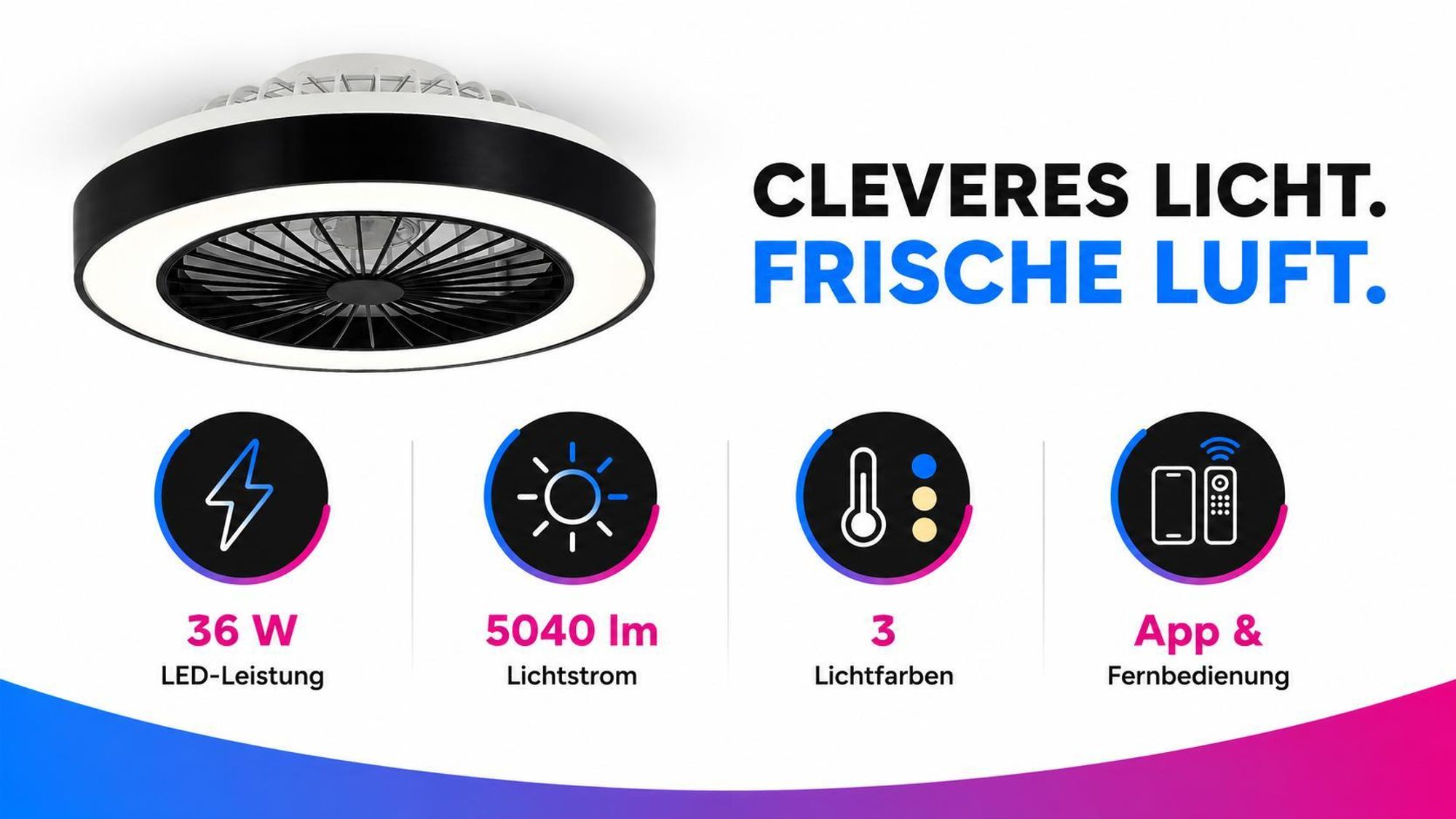 XUDO Deckenventilator mit LED-Licht 36 W, dimmbar, App, Fernbedienung, schwarz