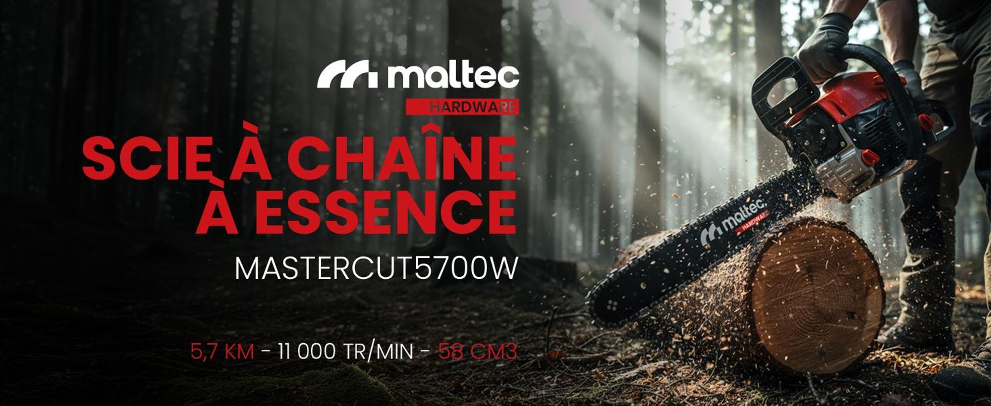 Tronçonneuse à essence Maltec Mastercut5700W®|5,7Ps|58Cc|2Xchaînes+2Xguides+huile