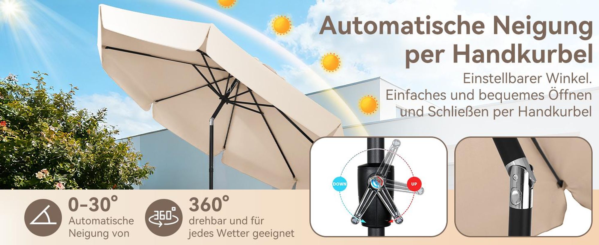 Puluomis Sonnenschirm 3m, Balkonschirm Strandschirm Marktschirm Gartenschirm Neigbar UPF 30+ mit Kurbel beige