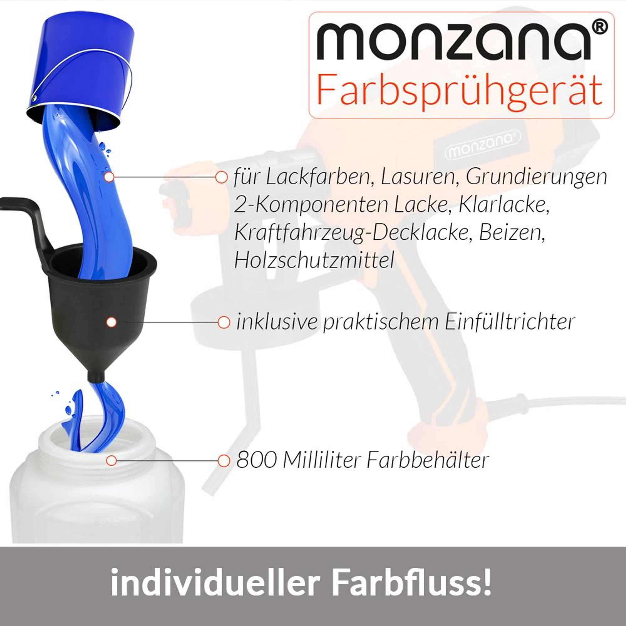MONZANA® elektrisches Farbsprühsystem 800ml/min Behälter 500 W 3 Sprühmuster Farbsprühpistole Spritzpistole Lackierpistole Farbsprühgerät Einfülltrichter