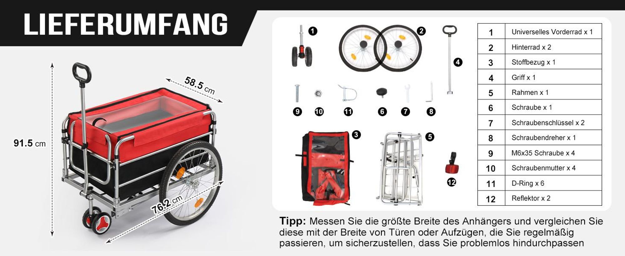 FCH Fahrradanhänger Fahrrad Lastenanhänger 93 x 75 x 58cm mit Transportkiste,Transportanhänger Handwagen Anhänger für Fahrrad