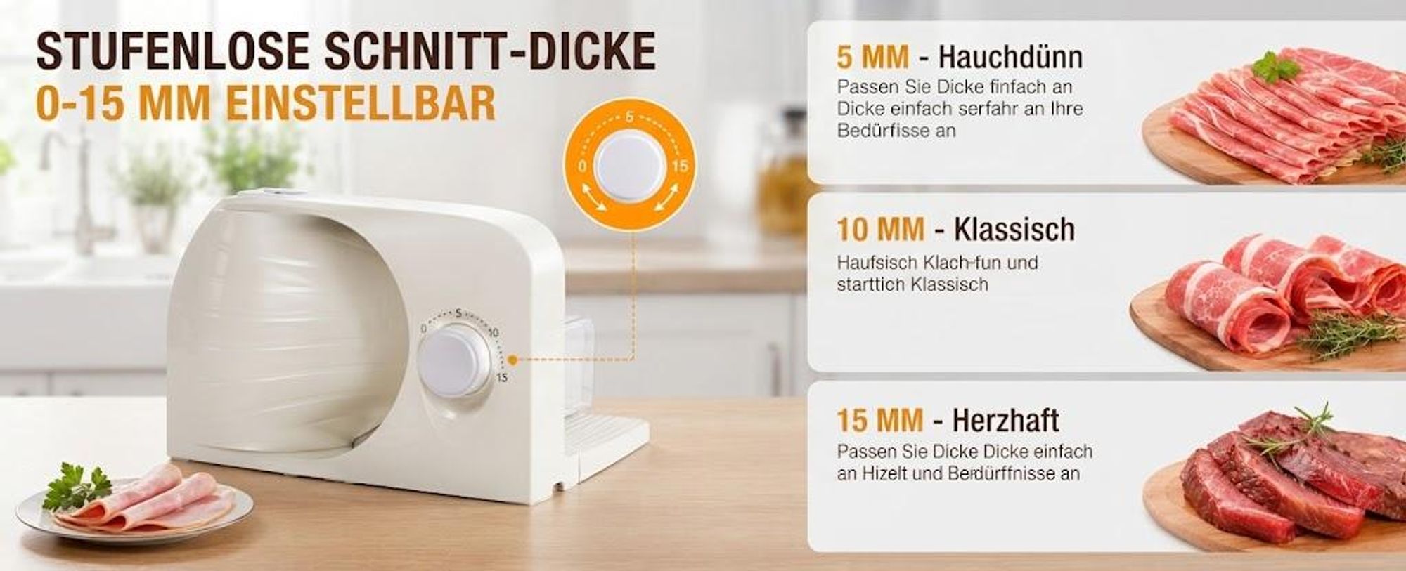 Allesschneider Elektrischer Allesschneider, 250 W Verstellbare Küchenmaschine 0 bis 15mm, 2 Klingen, Geeignet für Küche