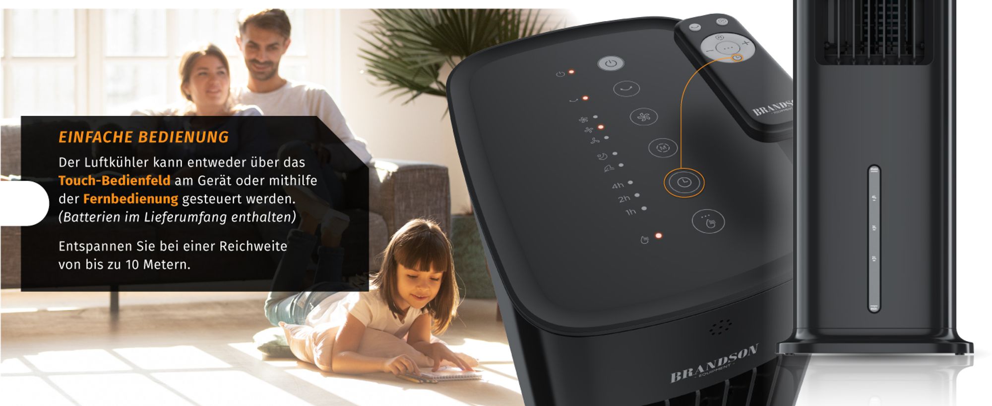 Brandson Luftkühler NTV Sieger 2026 mit Wasserkühlung & Fernbedienung, Verdunstungskühler, Turmventilator, leise, 50 W, 5L Wassertank, Oszillation