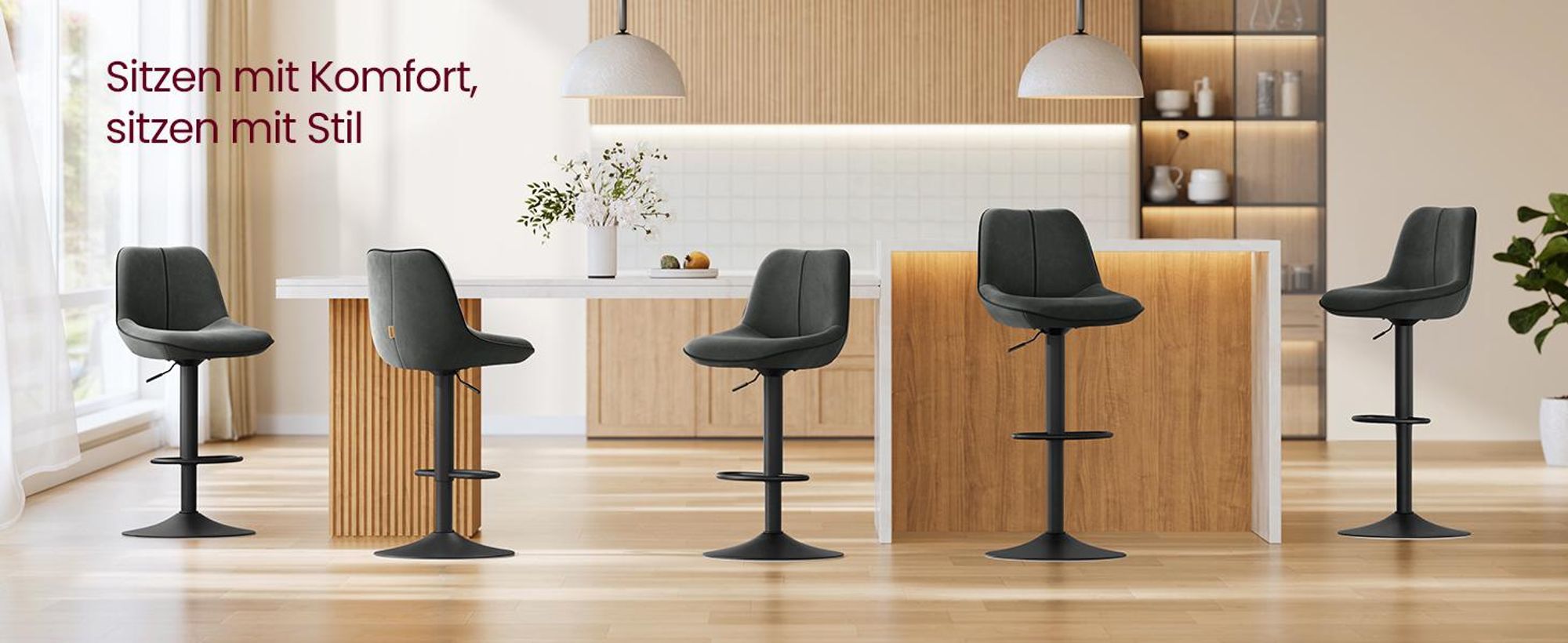Barhocker 2er Set, Barstühle höhenverstellbar, drehbare Küchenhocker, mit ergonomischer Rückenlehne, Samt, für Kücheninsel, Hausbar, modern