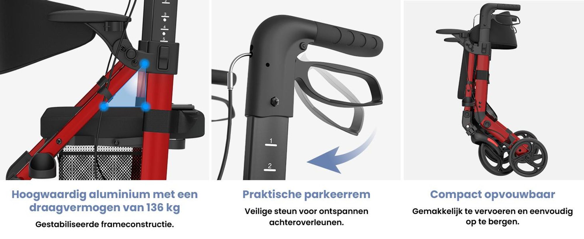 ELONEO 2-in-1 rolstoel/rolator, opvouwbaar en lichtgewicht met zitplaats, outdoor rolstoel/rolator, opvouwbaar, aluminium loophulpmiddel voor senioren - Rood