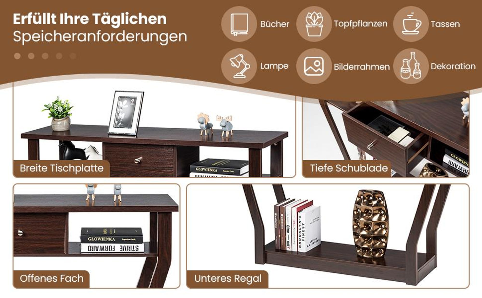 COSTWAY Konsolentisch mit Schublade und Regal, Flurtisch Beistelltisch schwarz