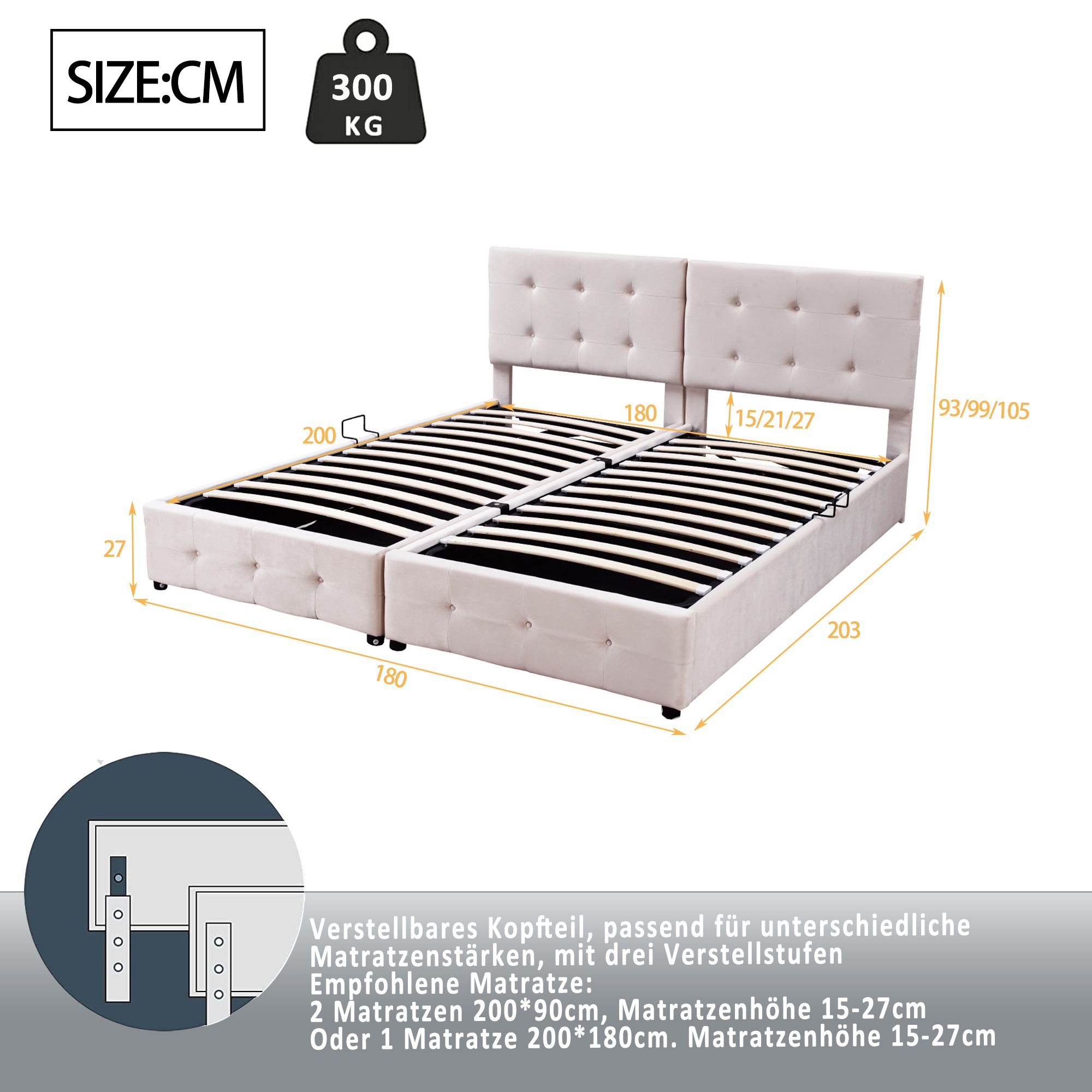 Flieks Hydraulisches Polsterbett 180x200cm mit Stauraum, Boxspringbetten Stauraumbett mit Lattenrost, Jugendbett Doppelbett Kinderbett, Samt, Beige
