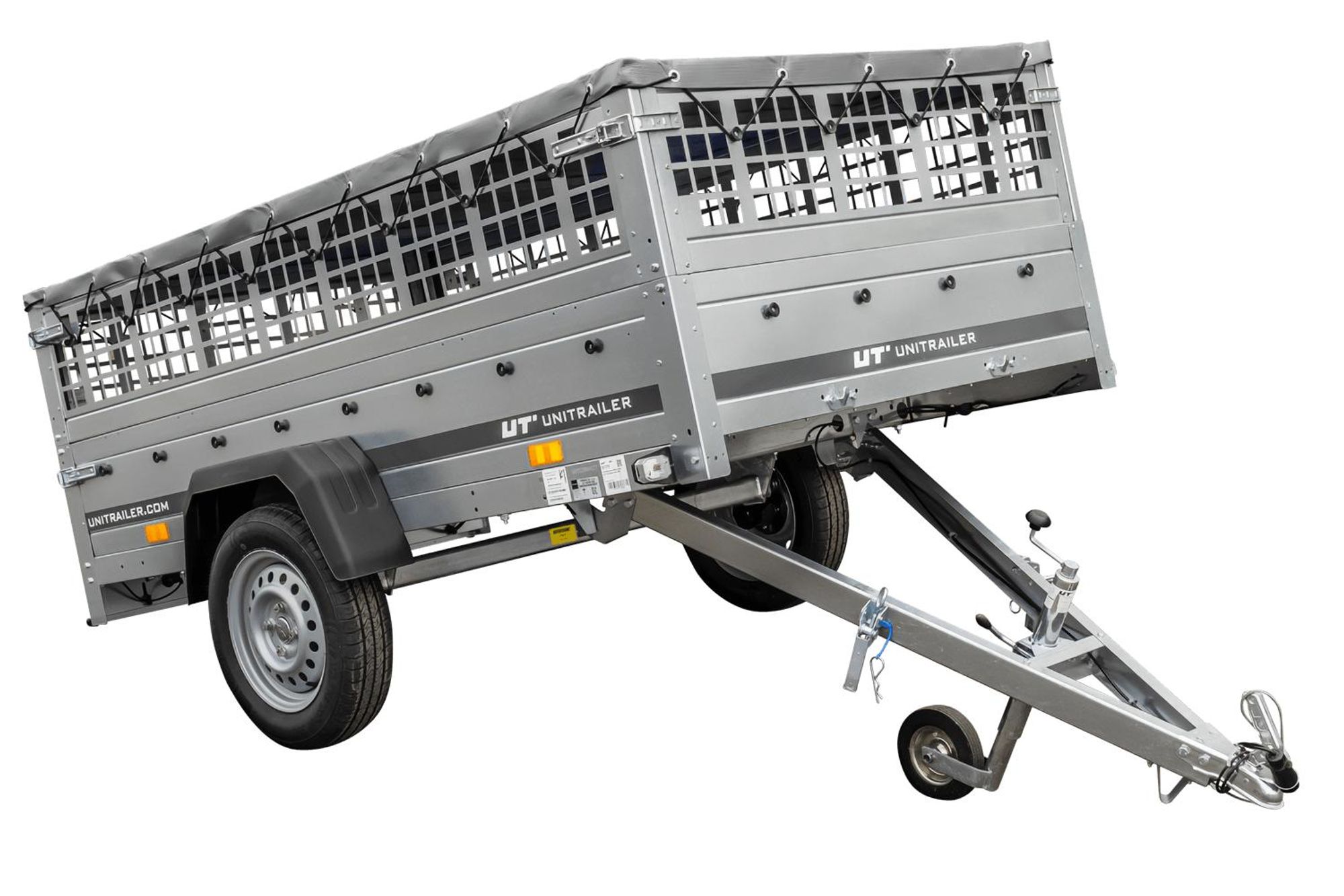 PKW-Ahänger 230x125 UNITRAILER GARDEN 230 KIPP mit Gitteraufsatz und grauer Plane