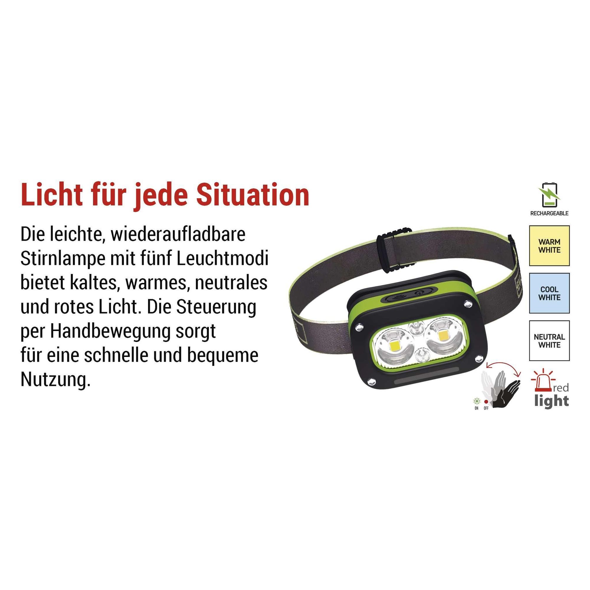 EMOS aufladbare Stirnlampe mit Bewegungssensor und 5 Lichtmodi, 175lm / 50m / 4,5 h, stoßbeständig, Li-pol Akku 800mAh, Outdoor, schwarz/grün, P3545