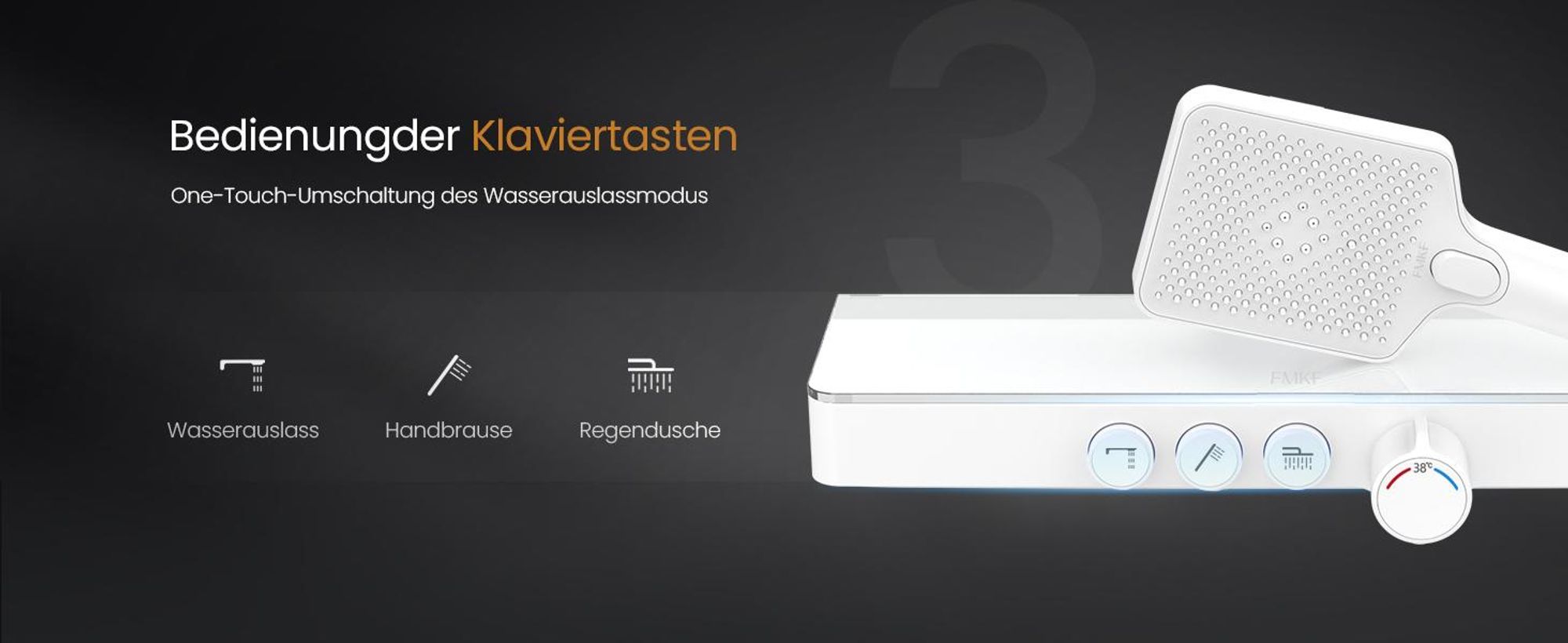 EMKE Duschsystem mit Thermostat Glasablage Handbrause 3 Strahlarten Regendusche, Bad- & Duscharmaturen, Regendusch, KTW-, Weiß - F09