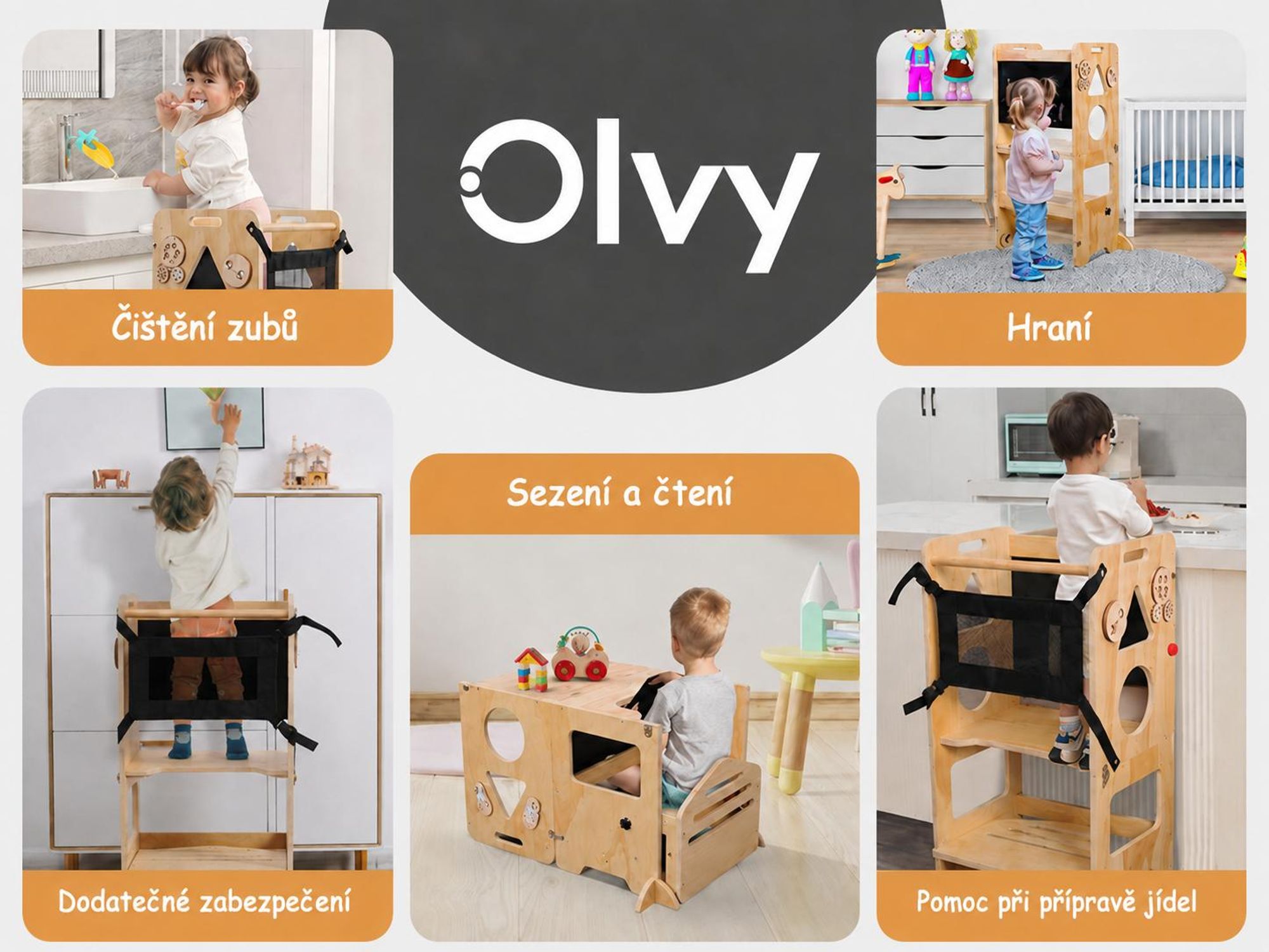 Učební věž Olvy pro děti, Montessori učební věž 3 v 1, učební věž od 1 roku, učební věž, kuchyňská věž pro děti, skládací dětské schody, dřevěný žebřík