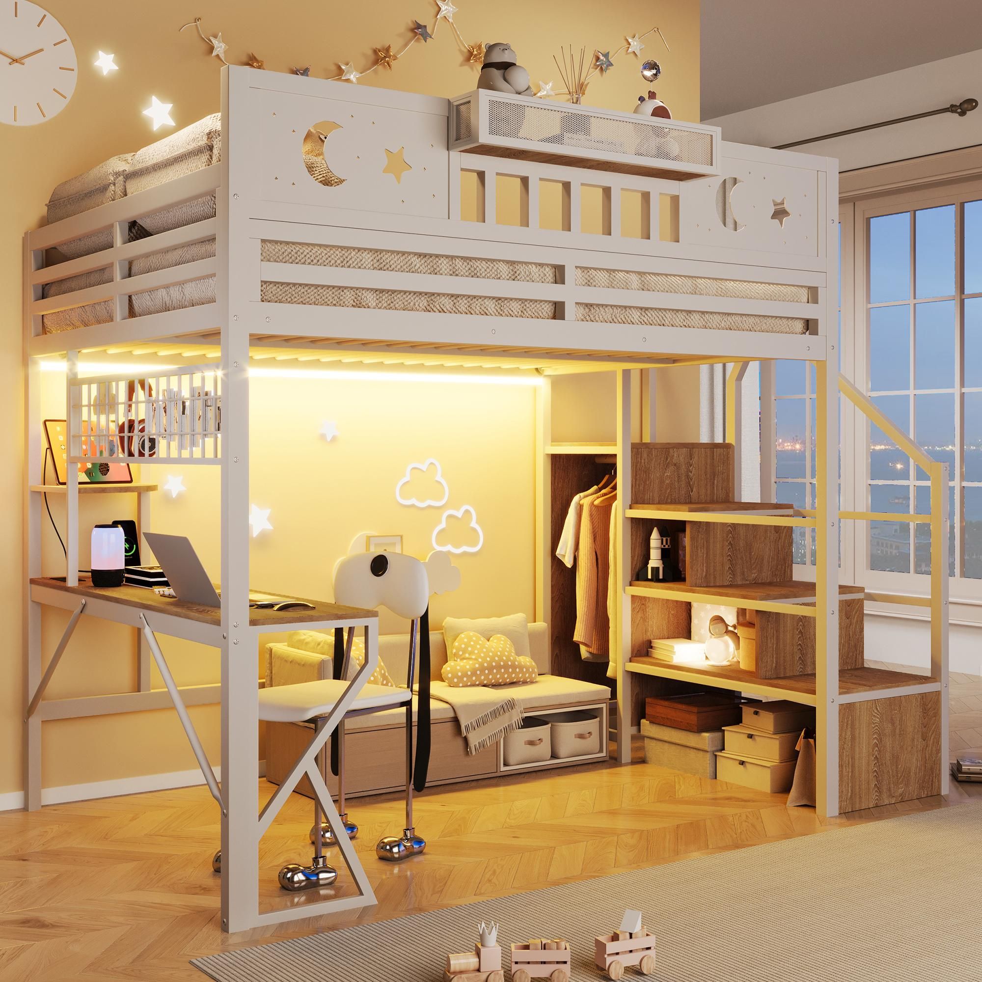 Flieks Etagenbett 140x200cm mit USB, Hochbett mit Led, Kinderbett Jugendbett mit Schreibtisch und Lochwand, Stockbett Metallbett mit Treppe, Weiß