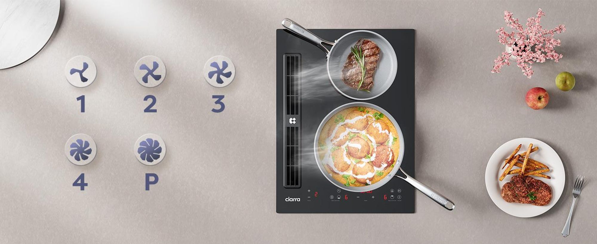 Plaque de cuisson à induction CIARRA avec hotte intégrée, 39 cm, système Plasma⁺, filtre à zéolite, fonction Boost pour une cuisson plus rapide, 2 zones de cuisson, modèle CBBEH392B