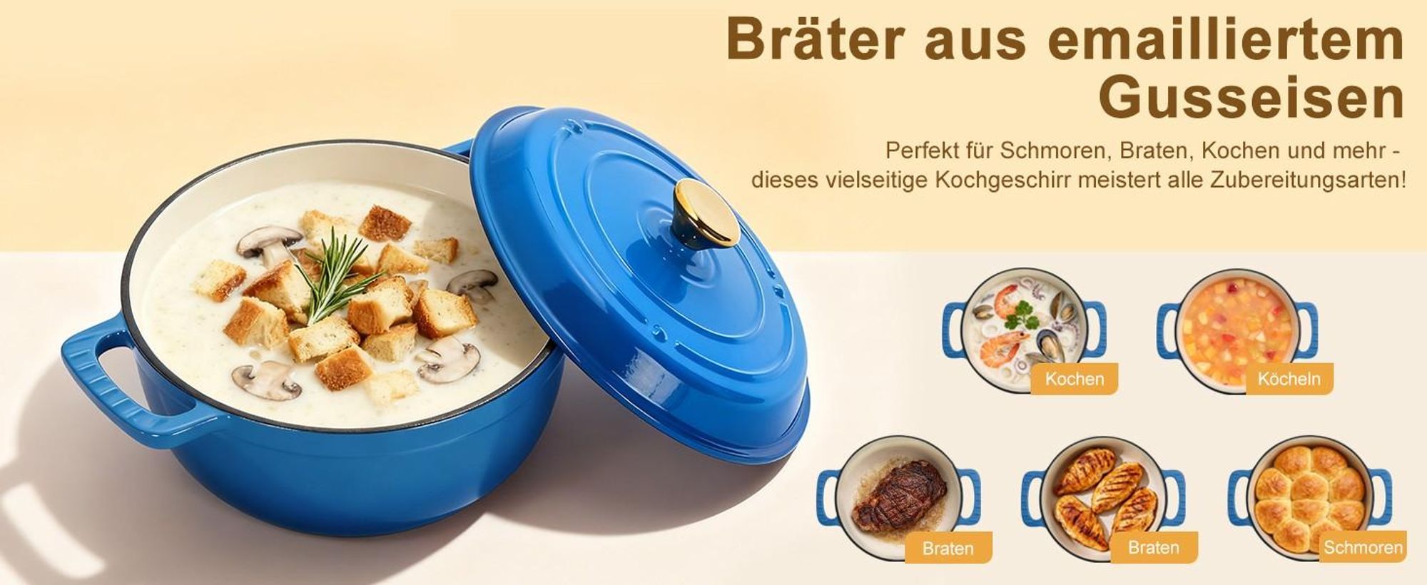 FCH Gusseisen Topf 26cm - 6QT-5.5L Emaille Bräter mit Deckel backofengeeignet - für Küche Backen Schmoren Braten (Blau)