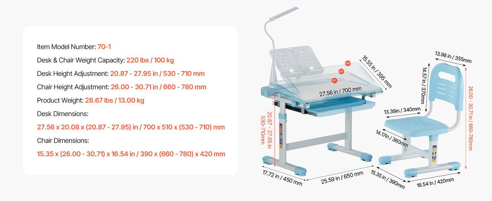 VEVOR Schreibtischset Kinderschreibtischstuhl Höhenverstellbar (53-71 cm) Tragkraft (100 kg) 0-40° Neigung Tischplatte Geeignet für Schlafzimmer Blau