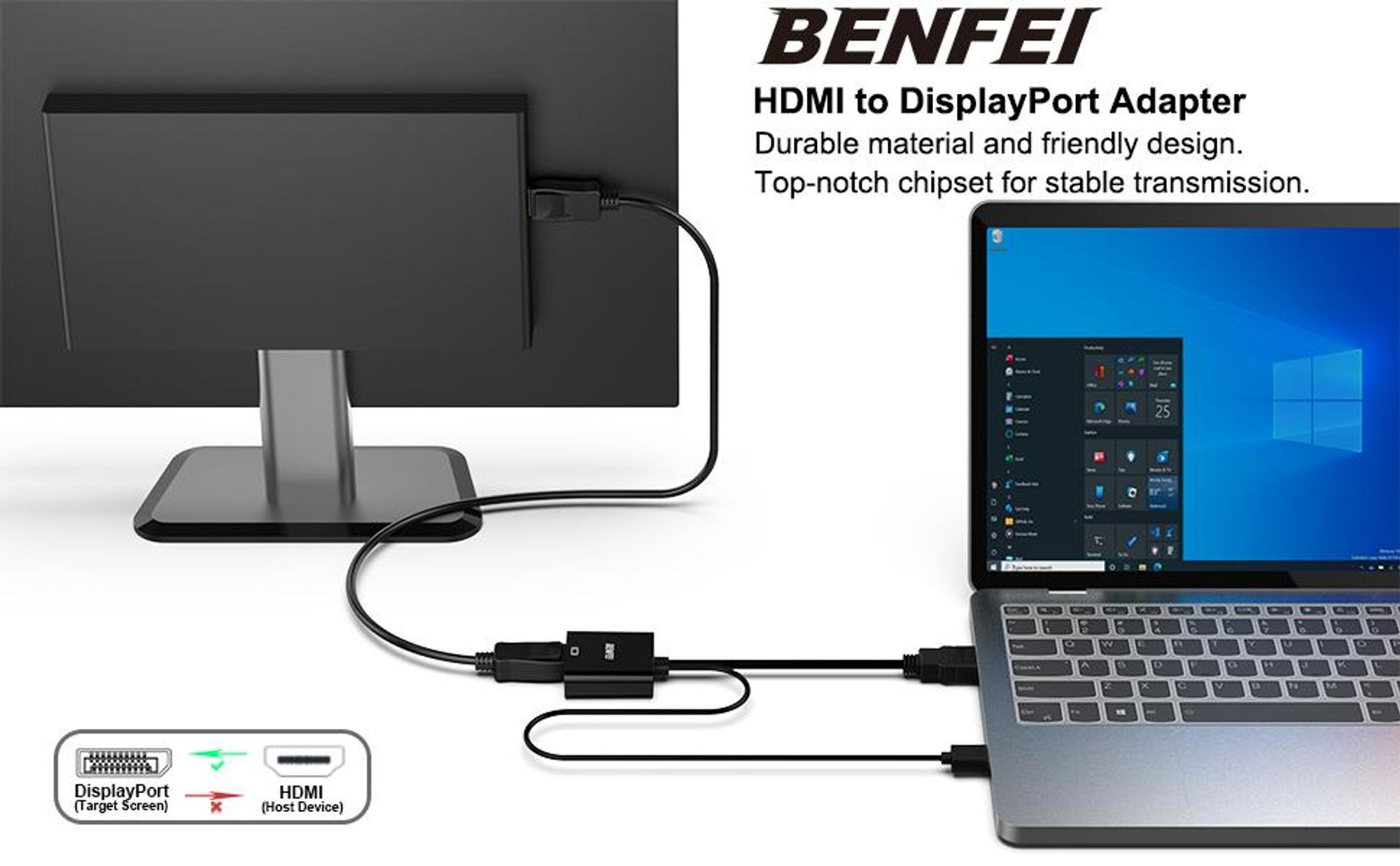 BENFEI Kabeladapter HDMI zu DisplayPort Adapter 4K 60Hz Konverter