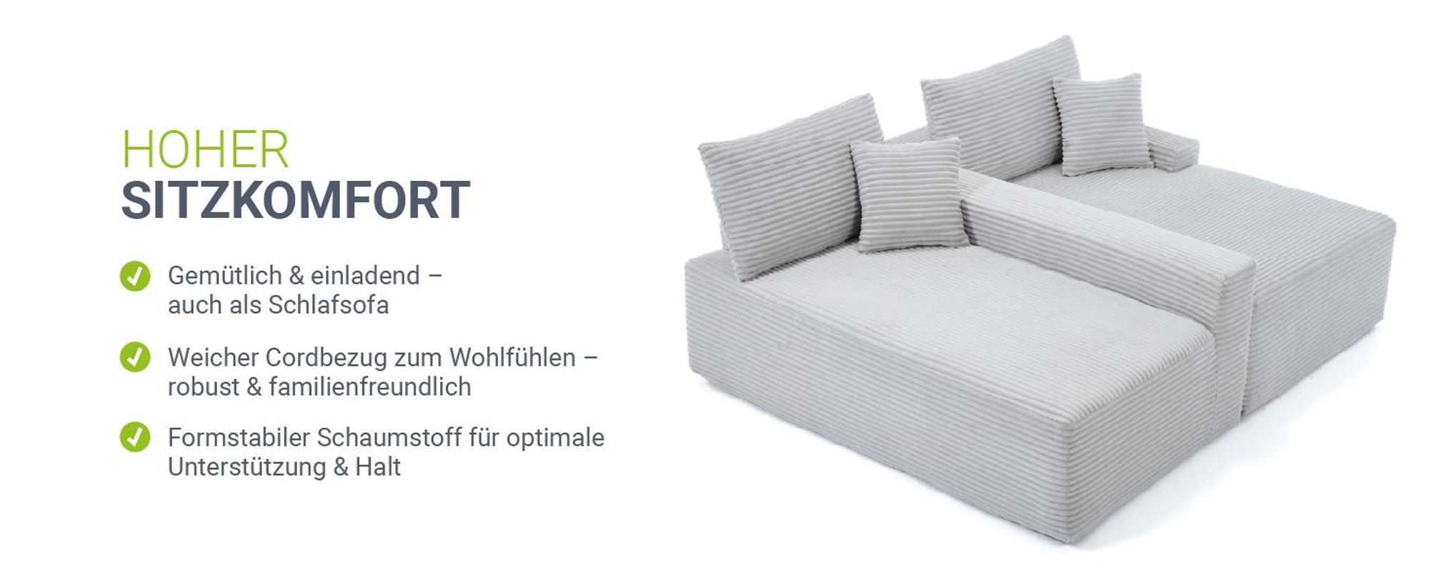 Juskys Sofa Coredo - Hellgrau, moderne Couch aus Cord mit Kissen, Ottomane rechts