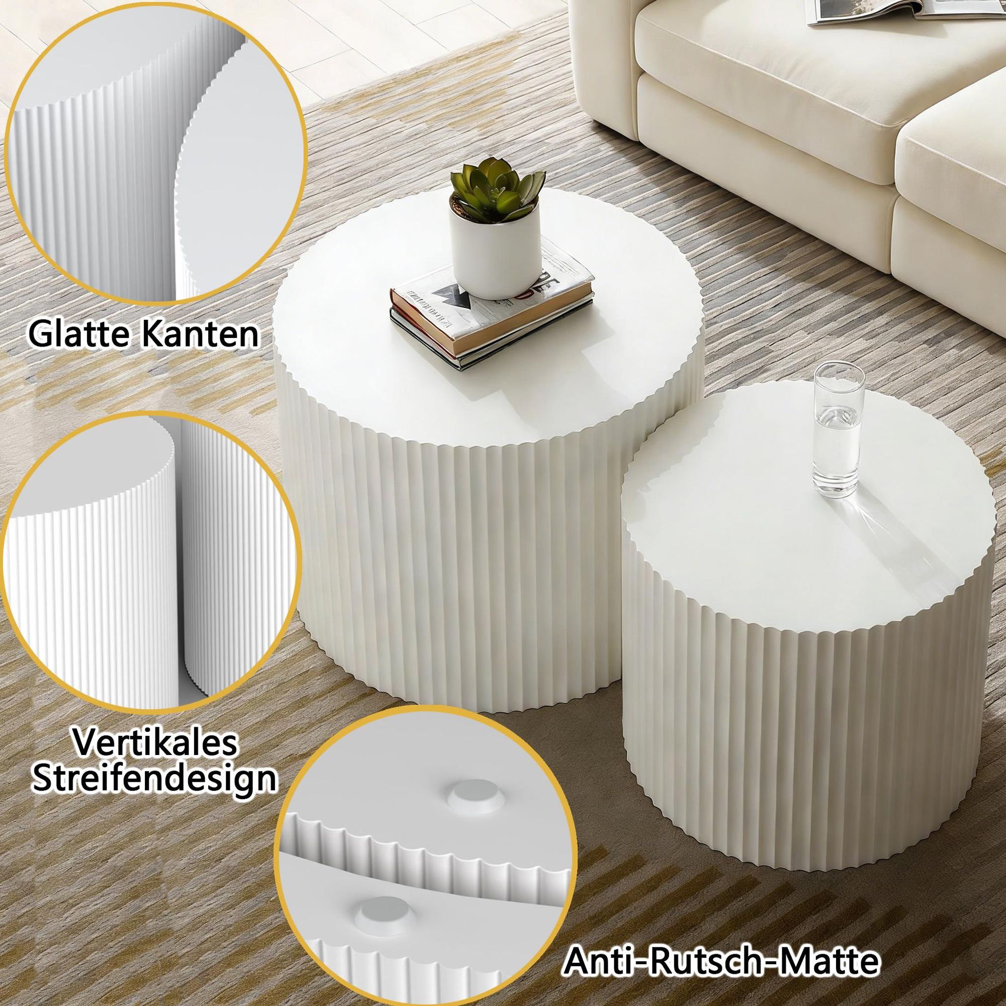 Couchtisch Set 2-teilig, runde Couchtische mit Fluted-Design, modern & minimalistisch, weiß, für Wohnzimmer, Büro & Schlafzimmer