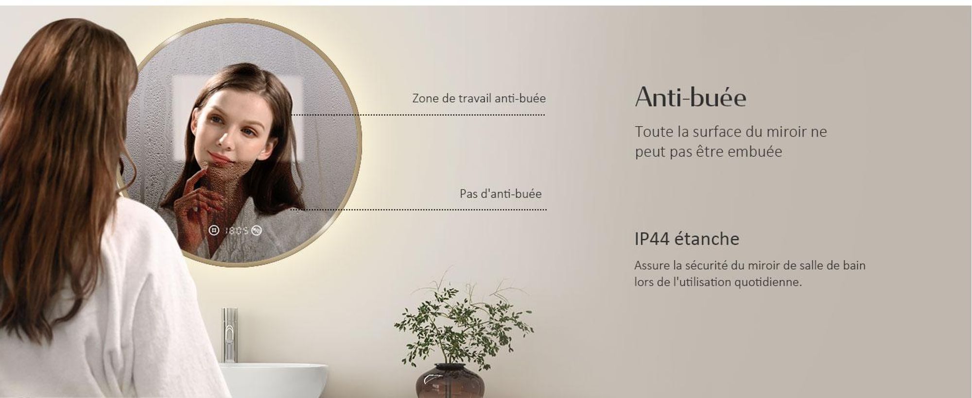 EMKE Miroir de salle de bain rond LED avec éclairage ф60cm Cadre doré brossé Miroir de salle de bain rond avec antibuée, horloge, température, variateur, fonction mémoire - Lumières neutres 4300K
