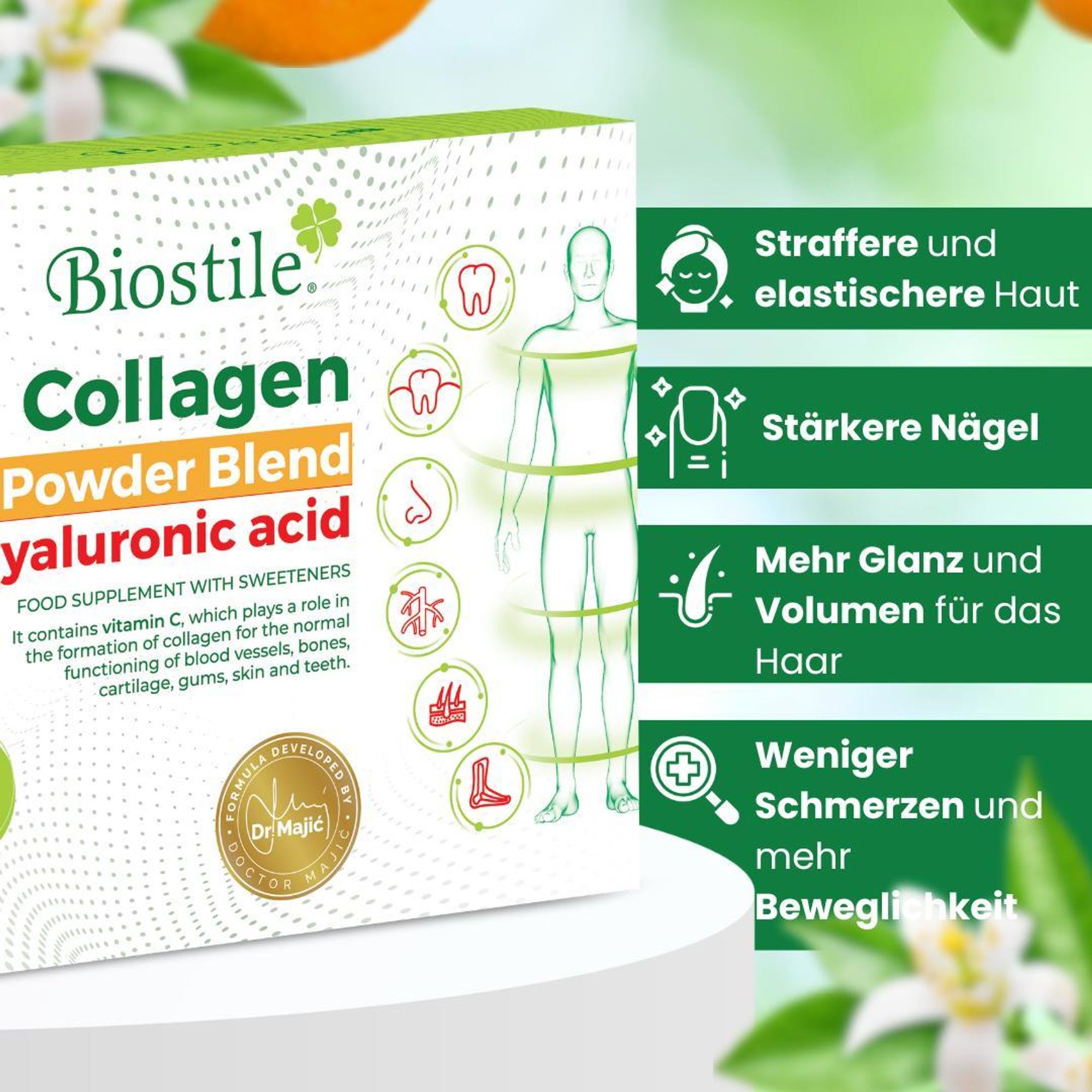 Biostile Collagen Powder Blend mit Hyaluronsäure – Kollagenpulver, 30 Beutel mit 8600 mg hydrolysiertem Kollagen, Vitamin C, Curcumin & Shilajit
