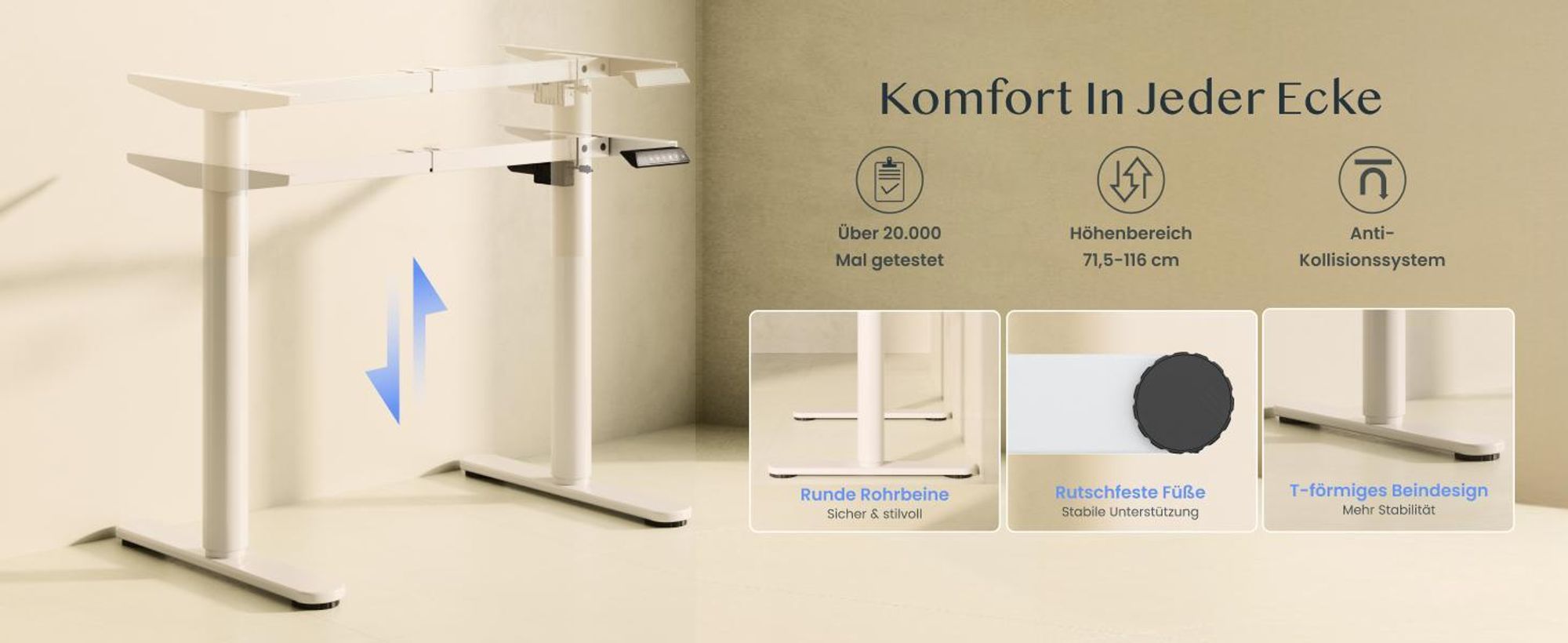 FLEXISPOT CylineX Höhenverstellbarer Schreibtisch 160x80cm mit eleganten abgerundeten Tischbeinen, 25mm einteiliger Tischplatte 80 kg Tragkraft Weiß