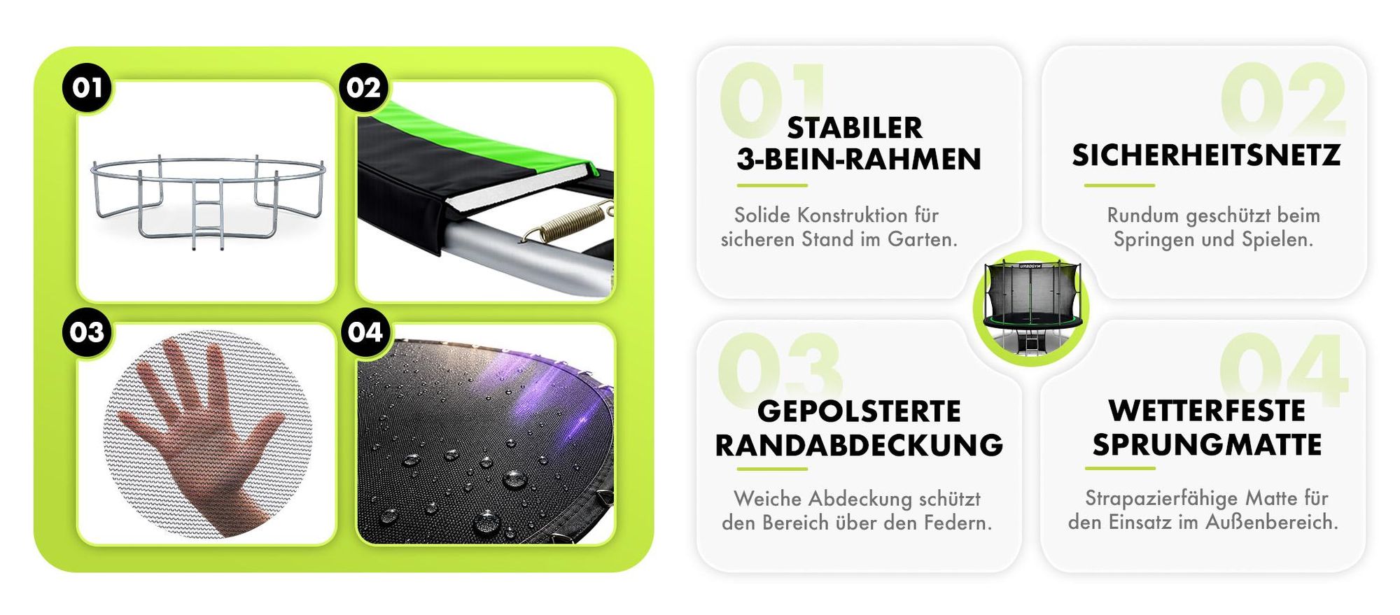 urbogym jumper gartentrampolin mit stabilem rahmen sicherheitsnetz randabdeckung und sprungmatte