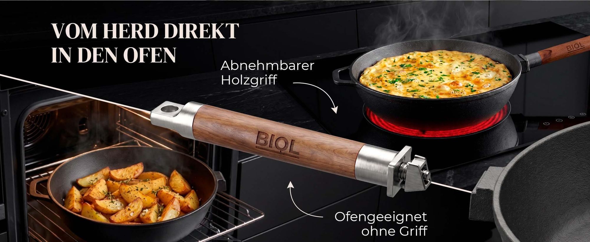 BIOL Gusseiserne Pfanne mit abnehmbarem Griff, 28 cm