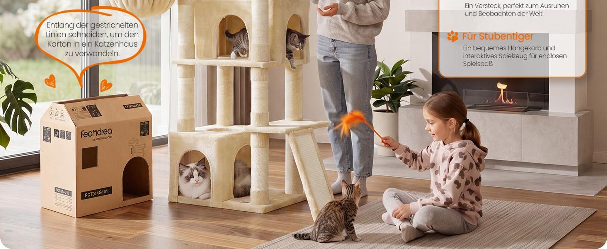 FEANDREA Kletterbaum für Katzen, extra groß, stabiler Katzenkratzbaum mit Kratzsäulen, Plüsch, für große Katzen, beige
