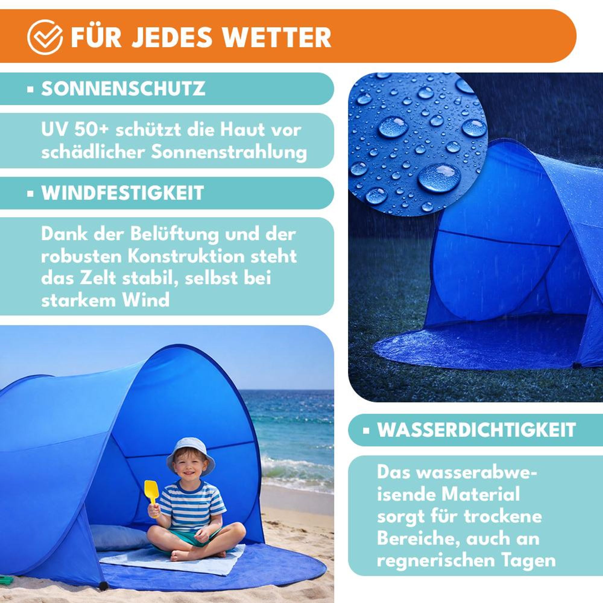 KRUMAD Pop Up Zelt 2 Personen, Strandzelt mit UV-Schutz, Windschutz, Wasserdicht, einfach Aufzubauen, ideal für Strand, Camping, Outdoor, Blau