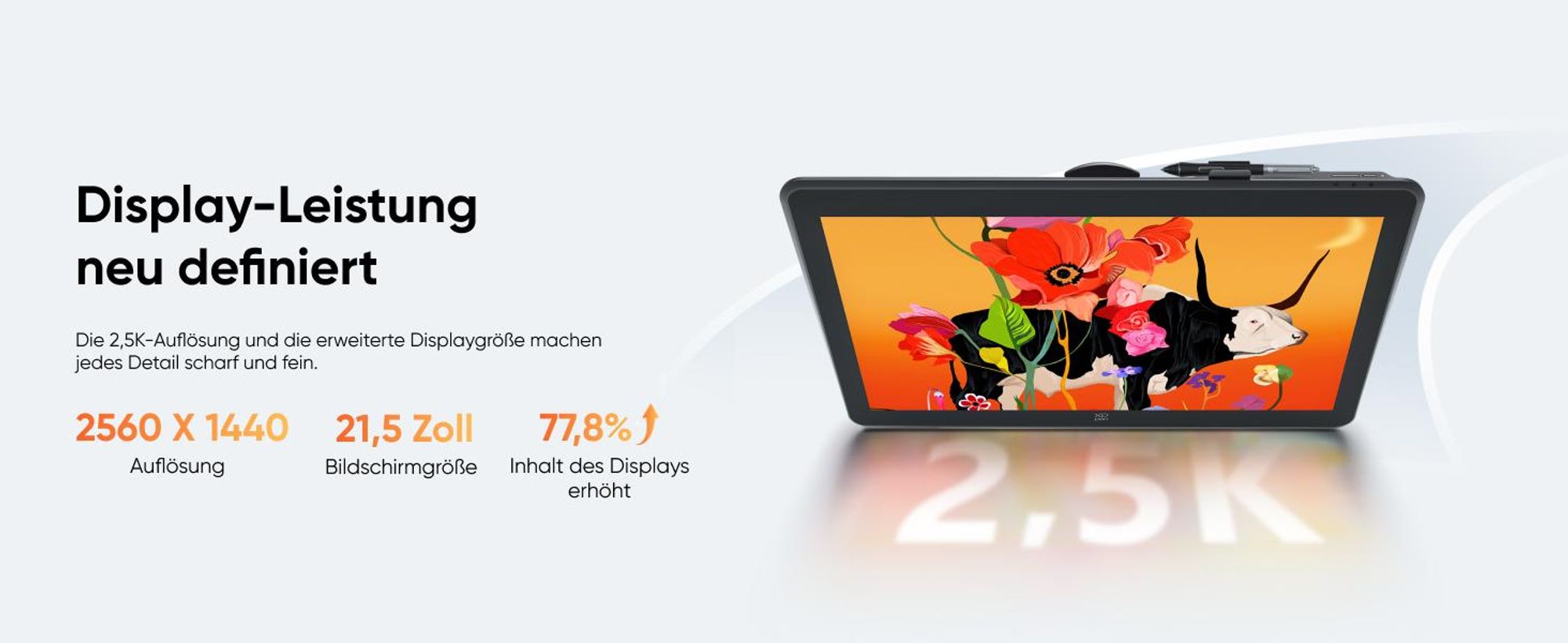 XPPen Artist Pro 22 (Gen 2), Kabelgebunden, 5080 lpi, 475,392 x 267,408 mm, USB/Bluetooth, 1 cm, Stift