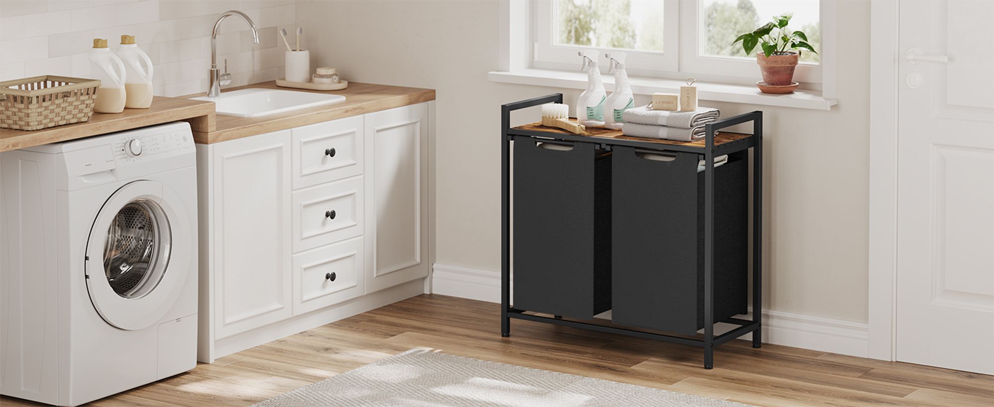 VASAGLE Wäschekorb 2 Fächer, mit Ablage, ausziehbar abnehmbar,  2 x 46 L
