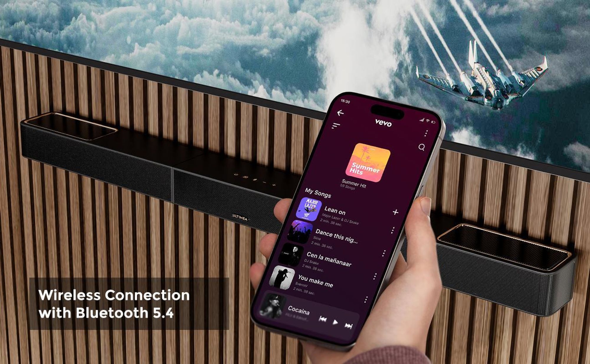 ULTIMEA Skywave Series 7.1.4-kanálový profesionálny bezdrôtový systém priestorového zvuku pre televízor s technológiou Dolby Atmos, soundbar s výkonom 980 W a 10-palcovým bezdrôtovým subwooferom