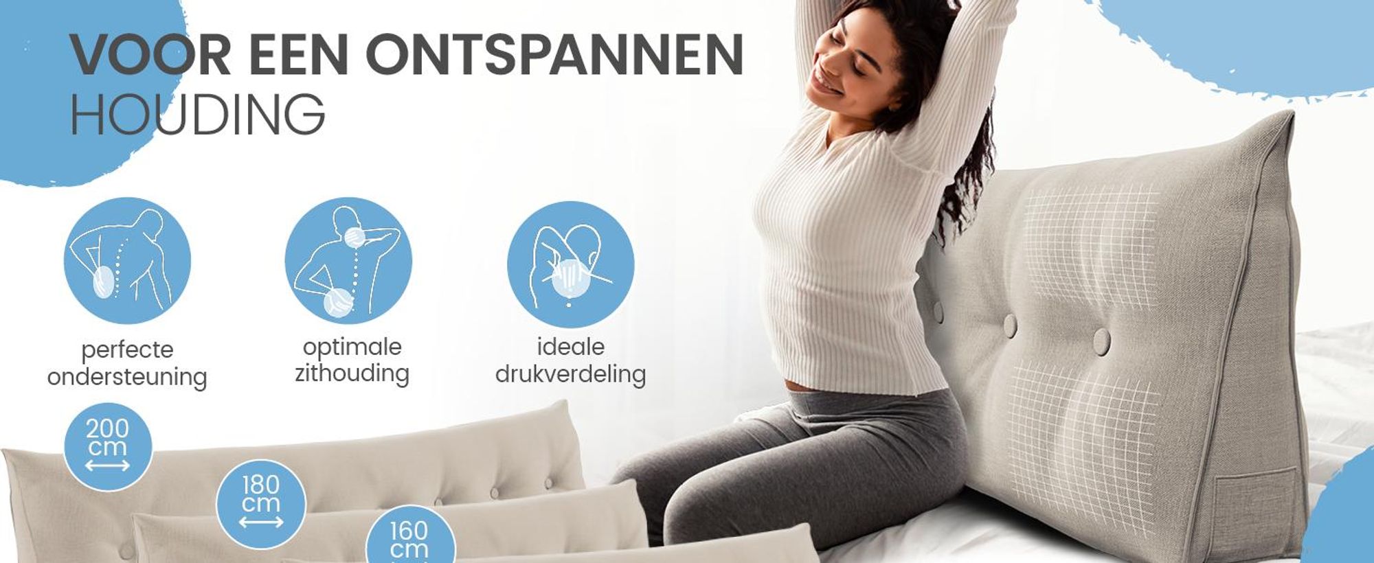 ELONEO rugkussen, 140 cm breed, geschikt als nekkussen voor bed en bank, driehoekig leeskussen, kussen met afneembare en wasbare hoes