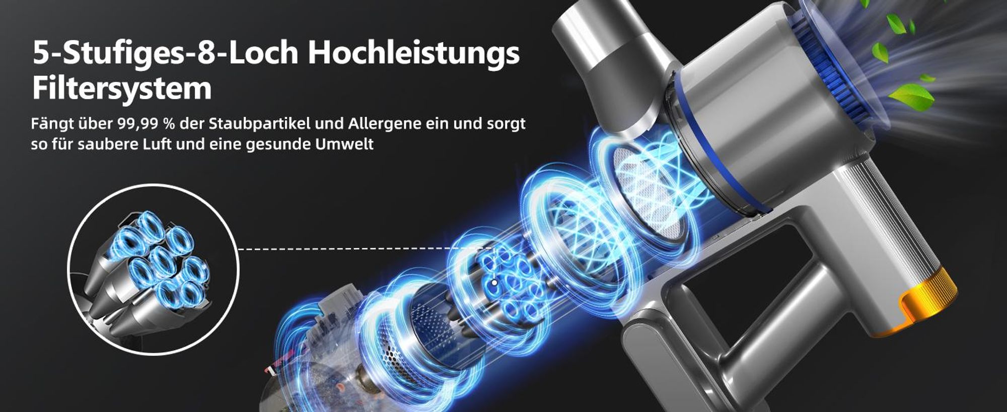 Portreen Akku Staubsauger,HEPAx4, 40000Pa Staubsauger kabellos,50 Min,Haushalte mit Haustieren ,kabelloser Staubsauger,Anti-Tangle-Staubsauger