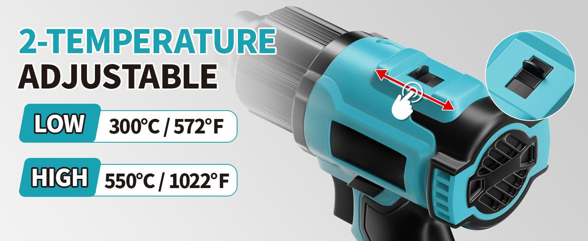 Akku-Heißluftpistole 21V mit 2x 4000mAh Akku & 5 Düsen - 550°C / 300°C Heißluftgebläse, Sicher & Ergonomisch, für Handwerk, Auto, Bau & DIY Projekte
