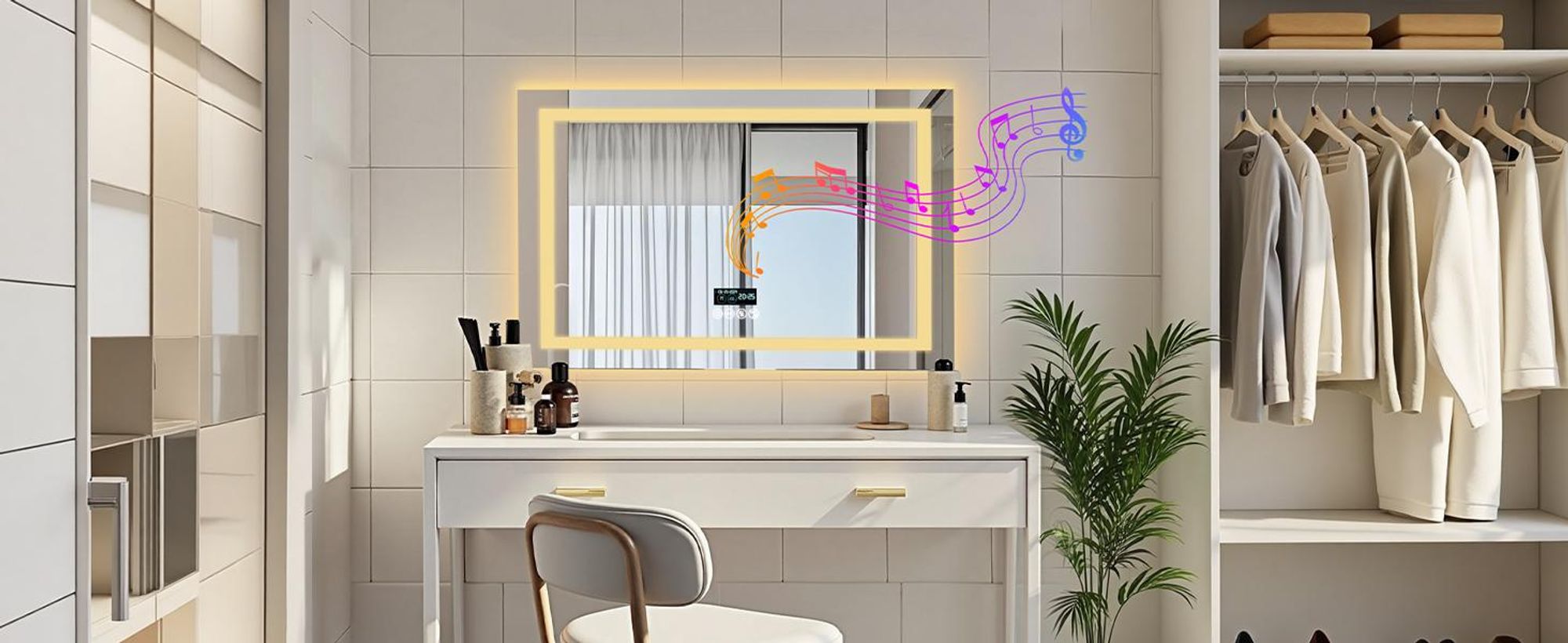 WISFOR LED Badspiegel mit Bluetooth Lautsprecher, 80x60cm Badezimmerspiegel mit Beleuchtung 3 Lichtfarbe, LED Wandspiegel dimmbar beschlagfrei