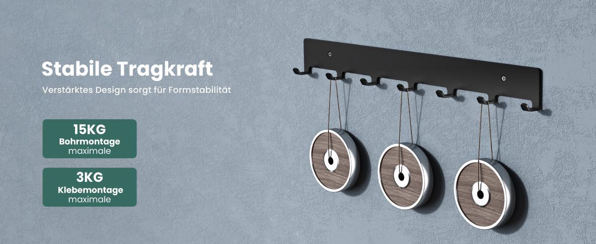 Mai & Mai Kleiderhaken Garderobenhaken zum Bohren oder Kleben, Wandhaken mit 7 Haken, Garderobenleiste Wandgarderobe 50cm Weiß Stalo-17