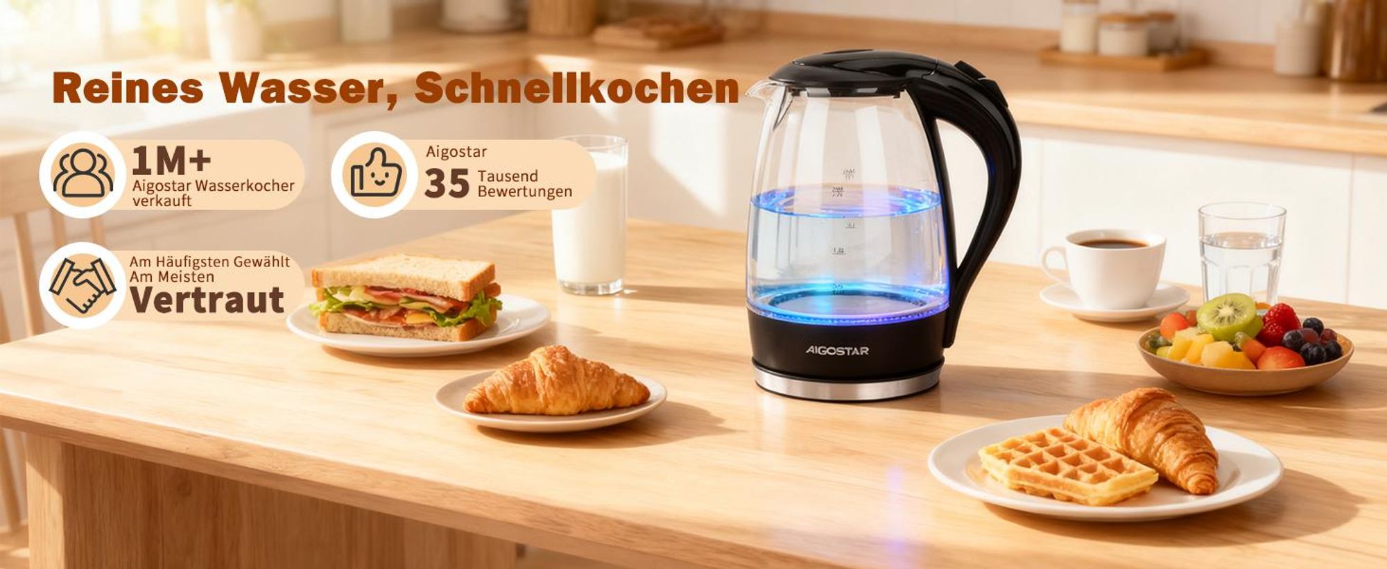 Aigostar 1,7L Wasserkocher Glas, Glaswasserkocher mit LED, 2200W, Wasserkocher Schwarz