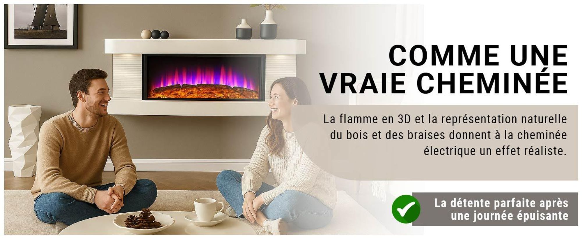 Cheminée murale électrique BALDERIA Lumina – Puissance de chauffage jusqu'à 1 800 W, effet de flammes en 3D, blanche