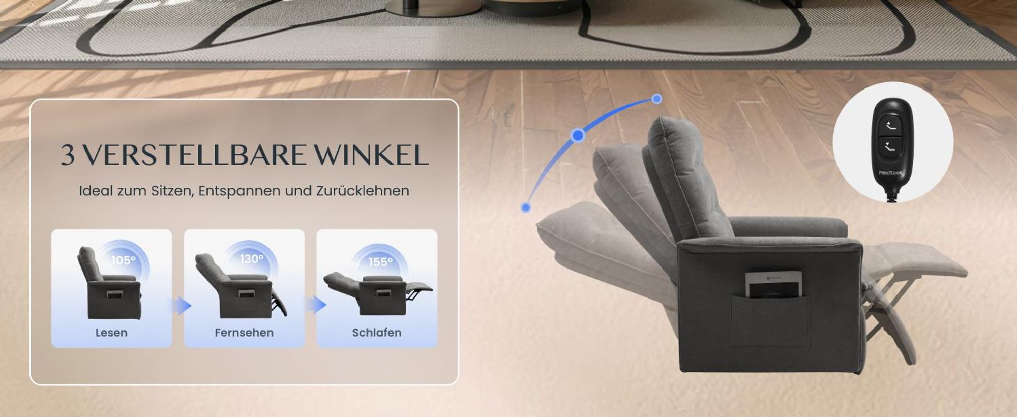 FLEXISPOT Elektrischer Relaxsessel mit Liegefunktion 105°–155°, ergonomischer Liegesessel mit Fußstütze, Fernsehsessel bis 200kg belastbar, Dunkelgrau