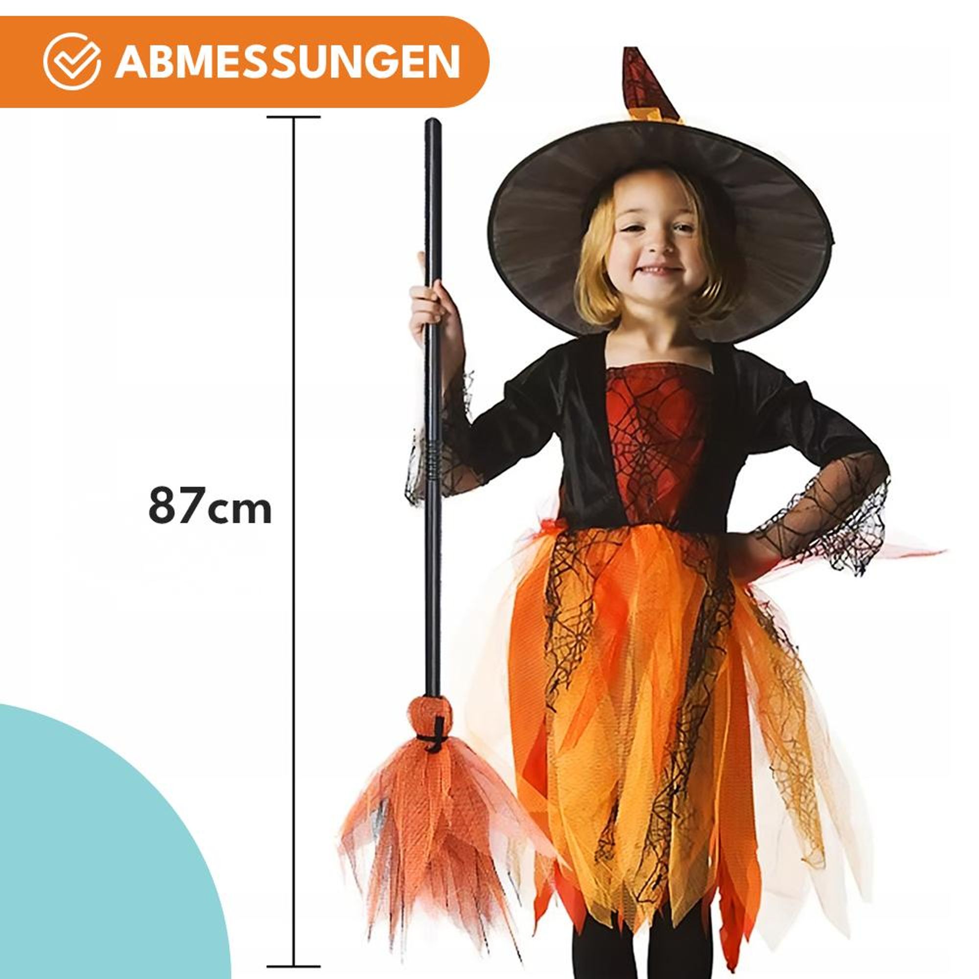 KRUMAD Hexenbesen Orange 87 cm – zusammenklappbar, leicht & stabil, Kostüm Zubehör für Kinder & Erwachsene, Halloween & Karneval