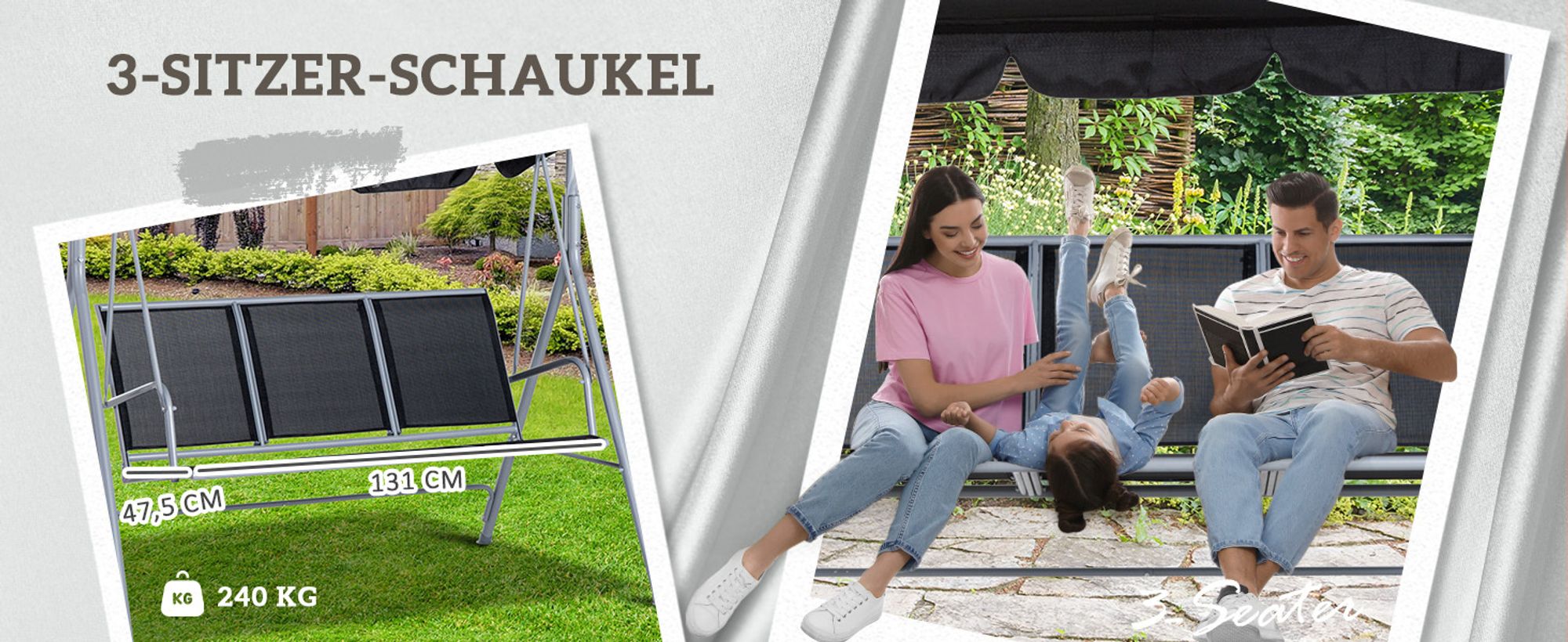 Outsunny Hollywoodschaukel 3-Sitzer Schaukelbank Gartenschaukel mit Dach Schwarz