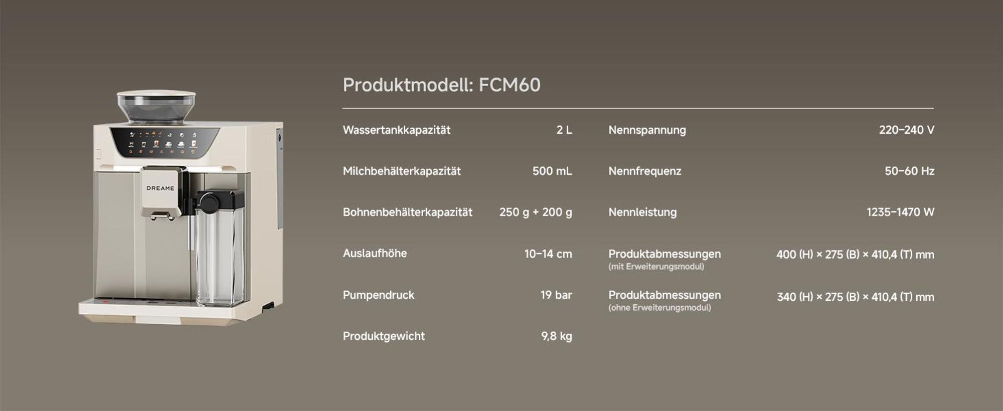 Dreame Ecceluxe™ Master FCM60 Espressomaschine,Intelligentes Mahlwerk,19 Bar,6 Getränke,92 °C Extraktion,abnehmbare Brüheinheit,Selbstreinigend,Creme